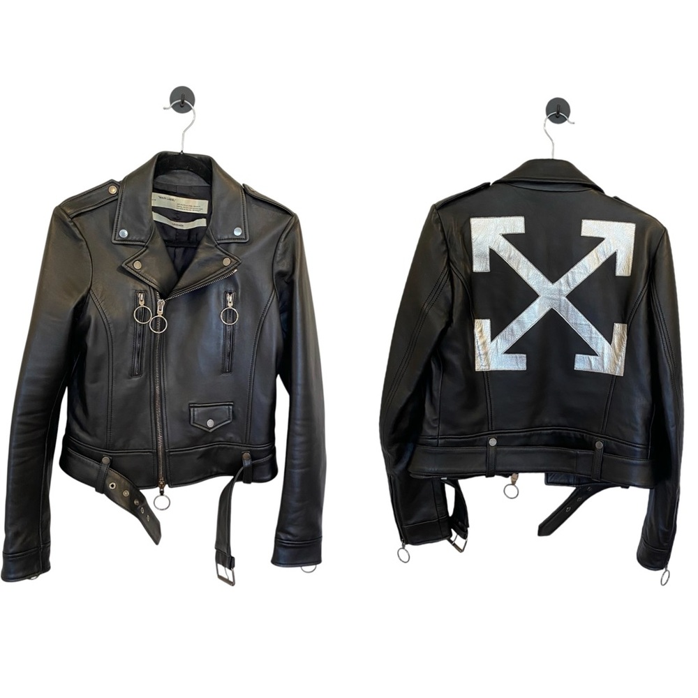Off-White Virgil Abloh Black Leather Jacket With Metallic Silver X Size 44